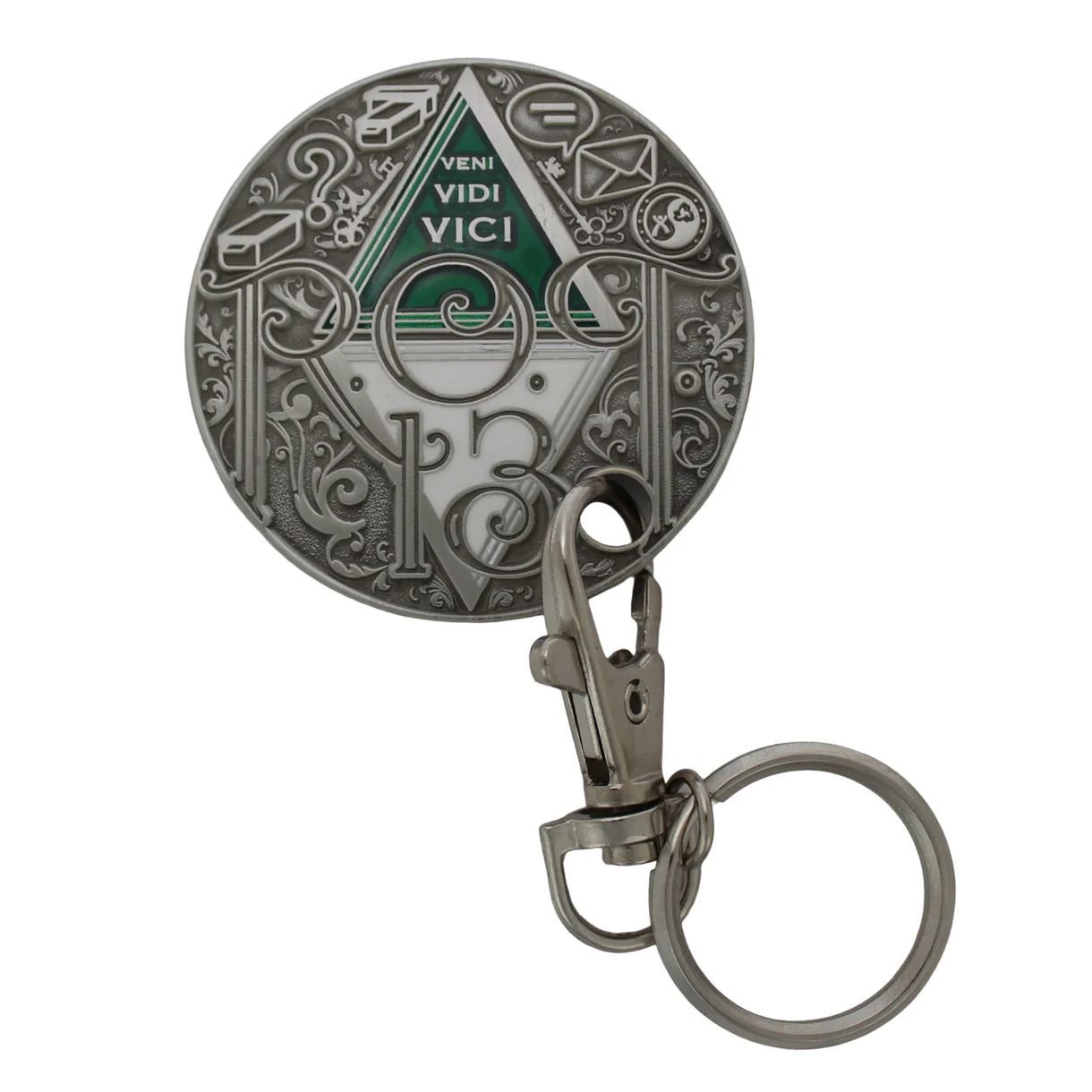 Rot13 Decoder sleutelhanger Geocoin – Antiek zilver - voorzijde